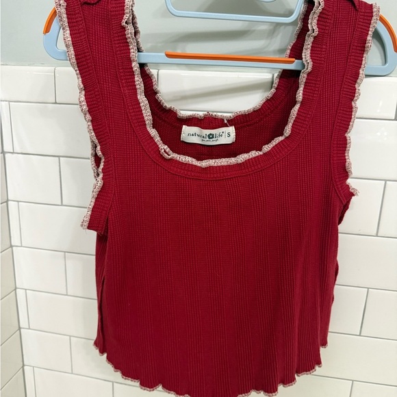 NATURAL LIFE Tops - NATURAL LIFE Red Tank Top with Ruffle Trim